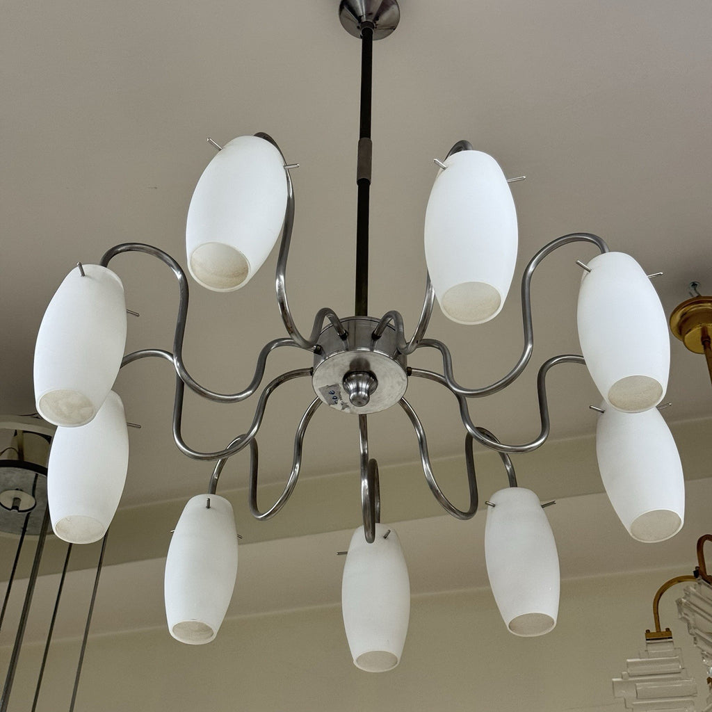 Lampadario Modernista Scenografico a 9 Luci in Vetro e Acciaio anni '70