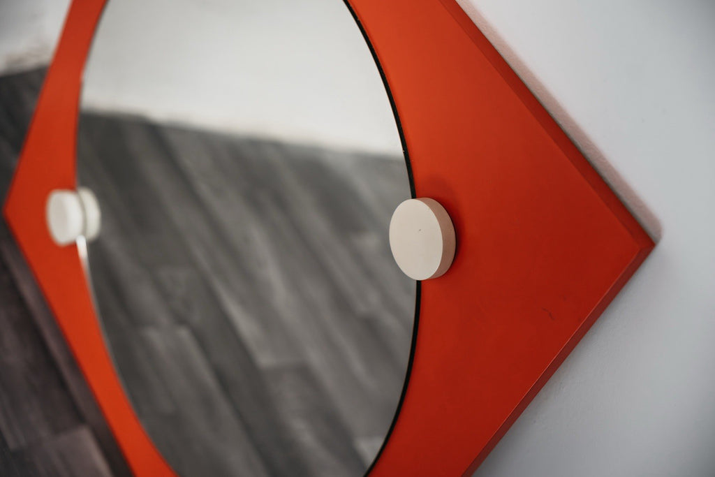 1970’s Space Age Geometric Orange Specchio Wooden Mirror Design
