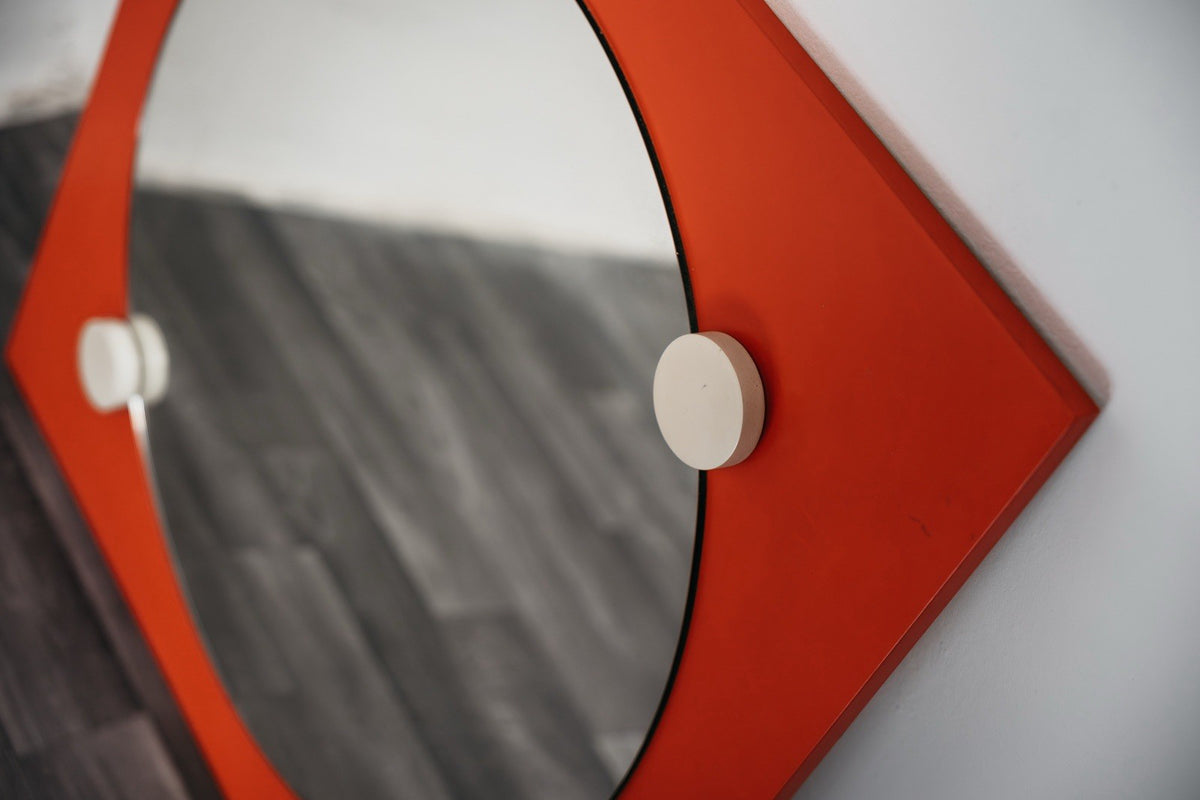 1970’s Space Age Geometric Orange Specchio Wooden Mirror Design