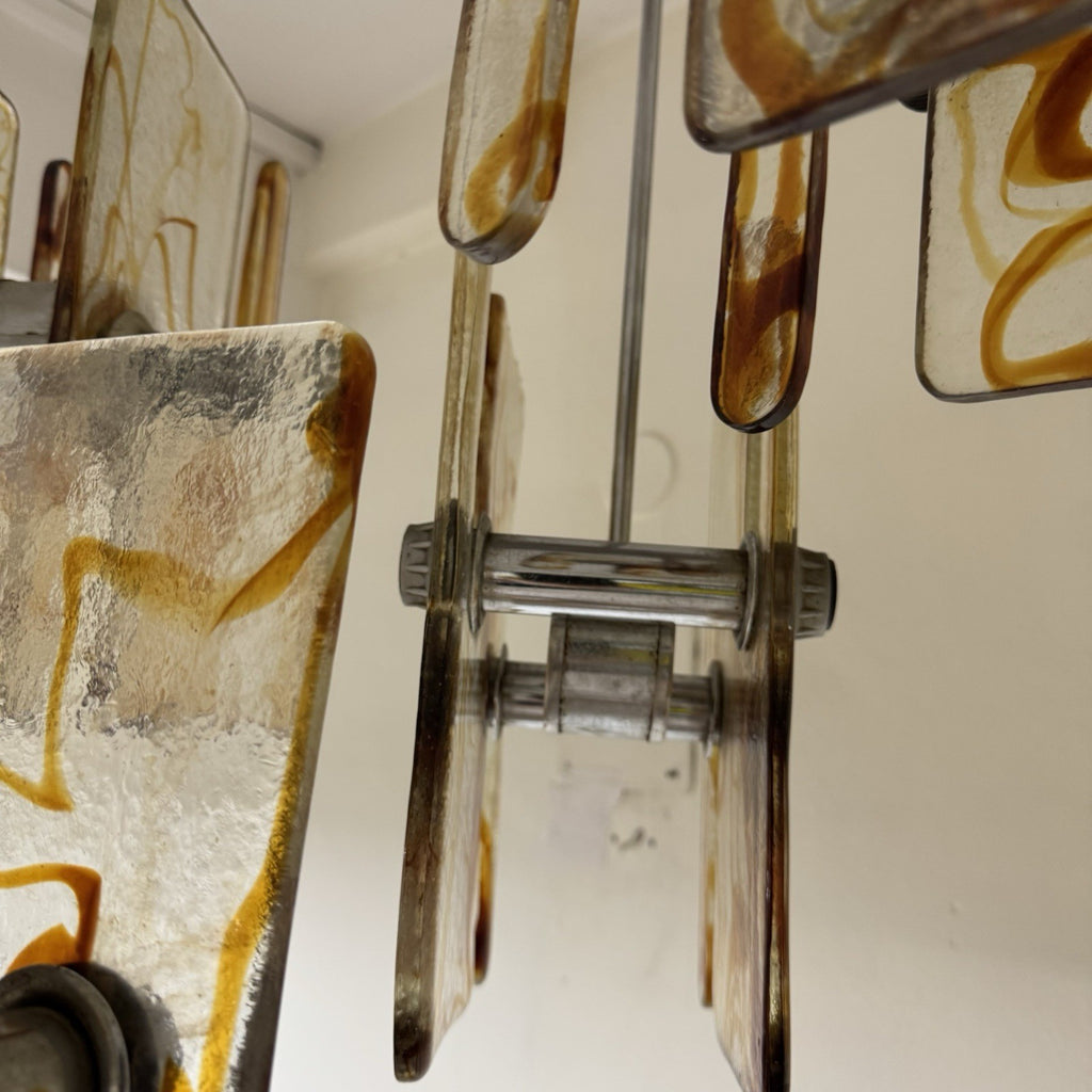 Lampadario Modernista a 16 Luci in Vetro di Murano e Acciaio anni '70