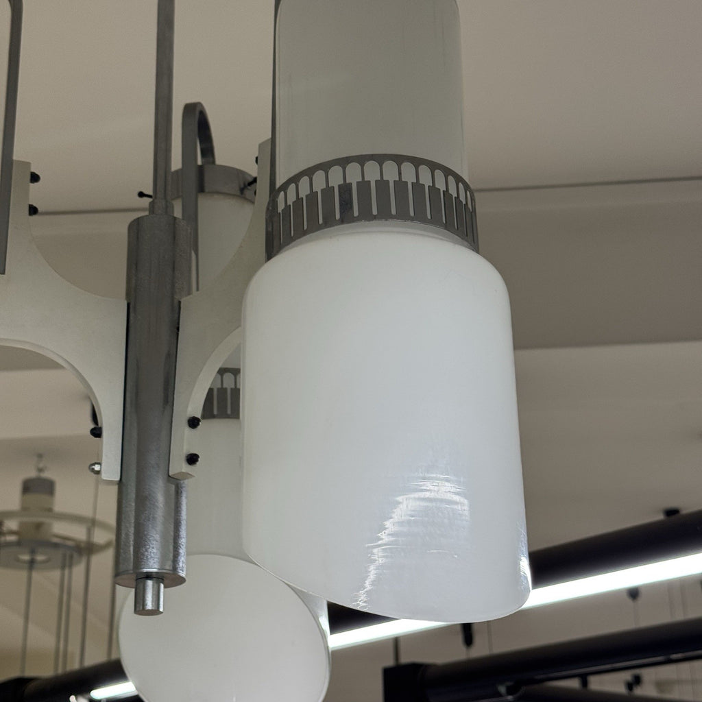 Lampadario Modernista a 3 Luci in Vetro Incamiciato e Acciaio anni '60/'70