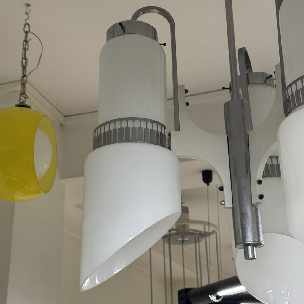 Lampadario Modernista a 3 Luci in Vetro Incamiciato e Acciaio anni '60/'70