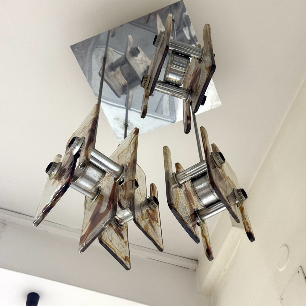 Lampadario Modernista a 16 Luci in Vetro di Murano e Acciaio anni '70