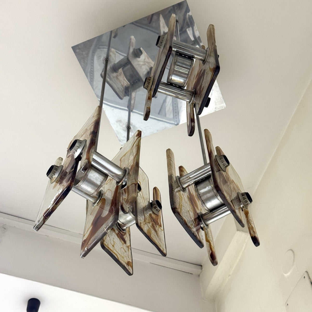 Lampadario Modernista a 16 Luci in Vetro di Murano e Acciaio anni '70