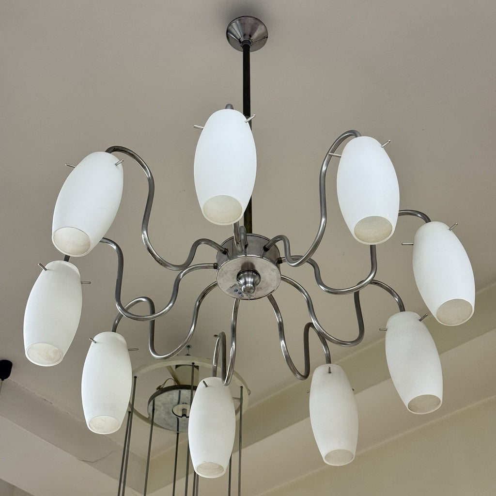 Lampadario Modernista Scenografico a 9 Luci in Vetro e Acciaio anni '70