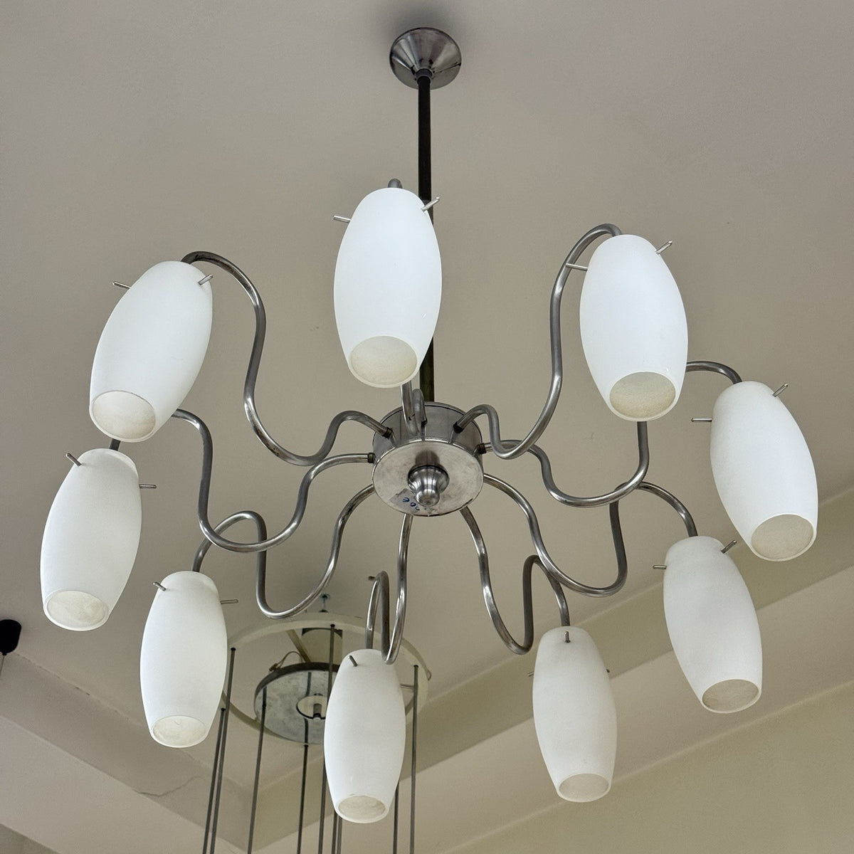 Lampadario Modernista Scenografico a 9 Luci in Vetro e Acciaio anni '70