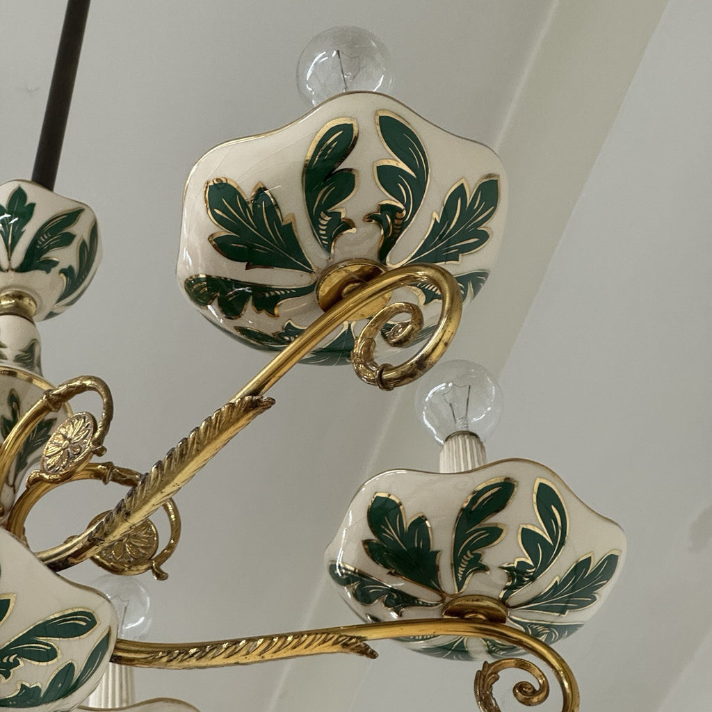 Lampadario Vintage a 6 Luci in Ceramica di Bassano e Ottone Dorato anni '60/'70