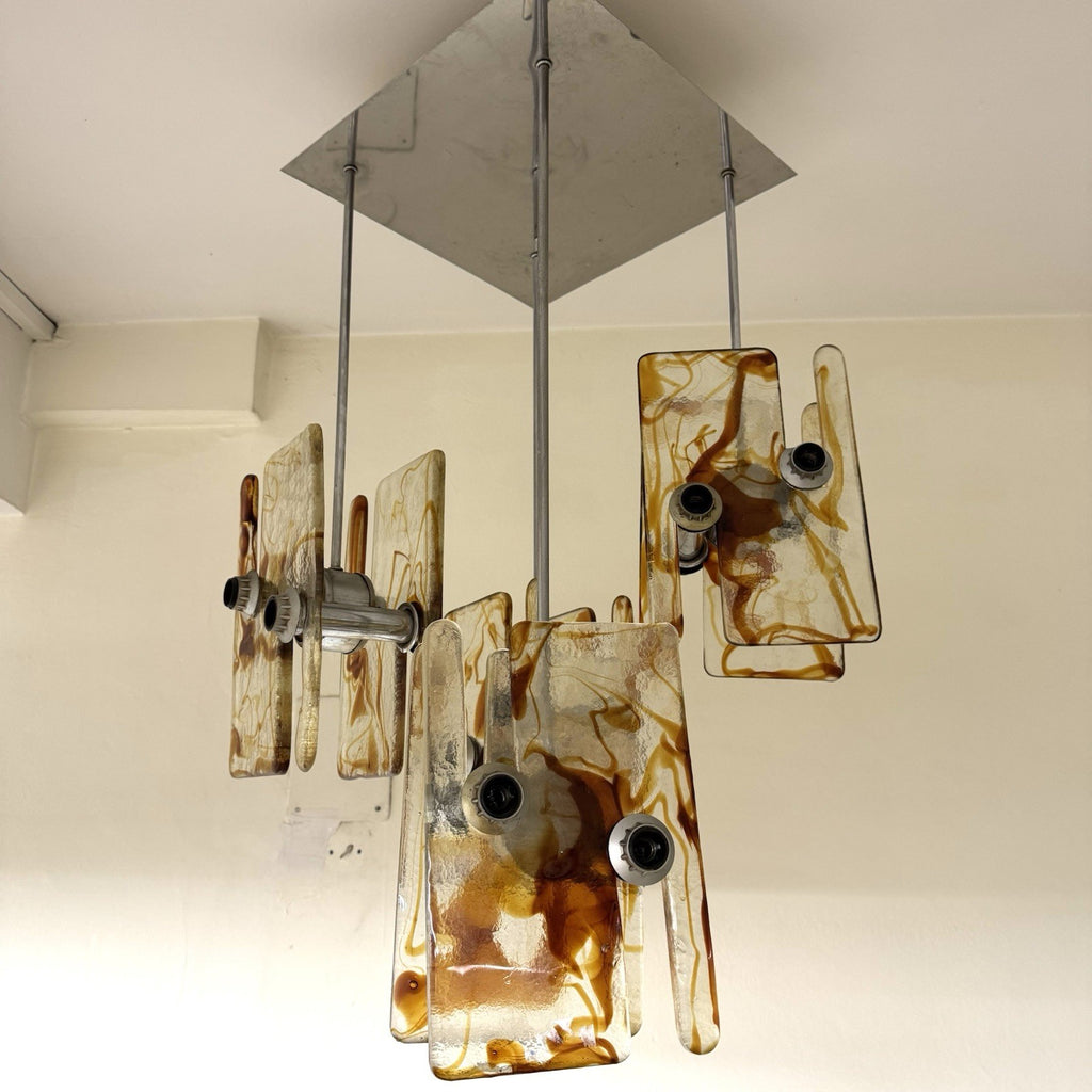 Lampadario Modernista a 16 Luci in Vetro di Murano e Acciaio anni '70