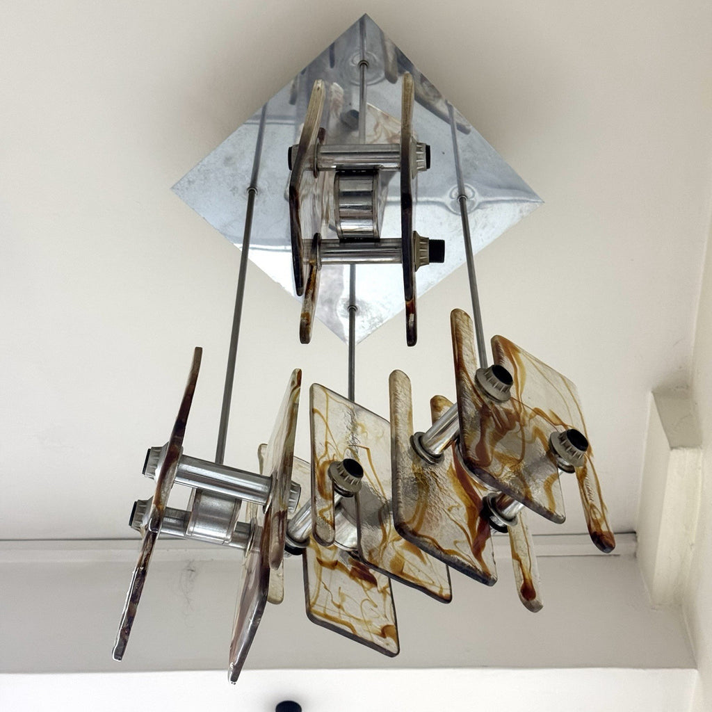 Lampadario Modernista a 16 Luci in Vetro di Murano e Acciaio anni '70