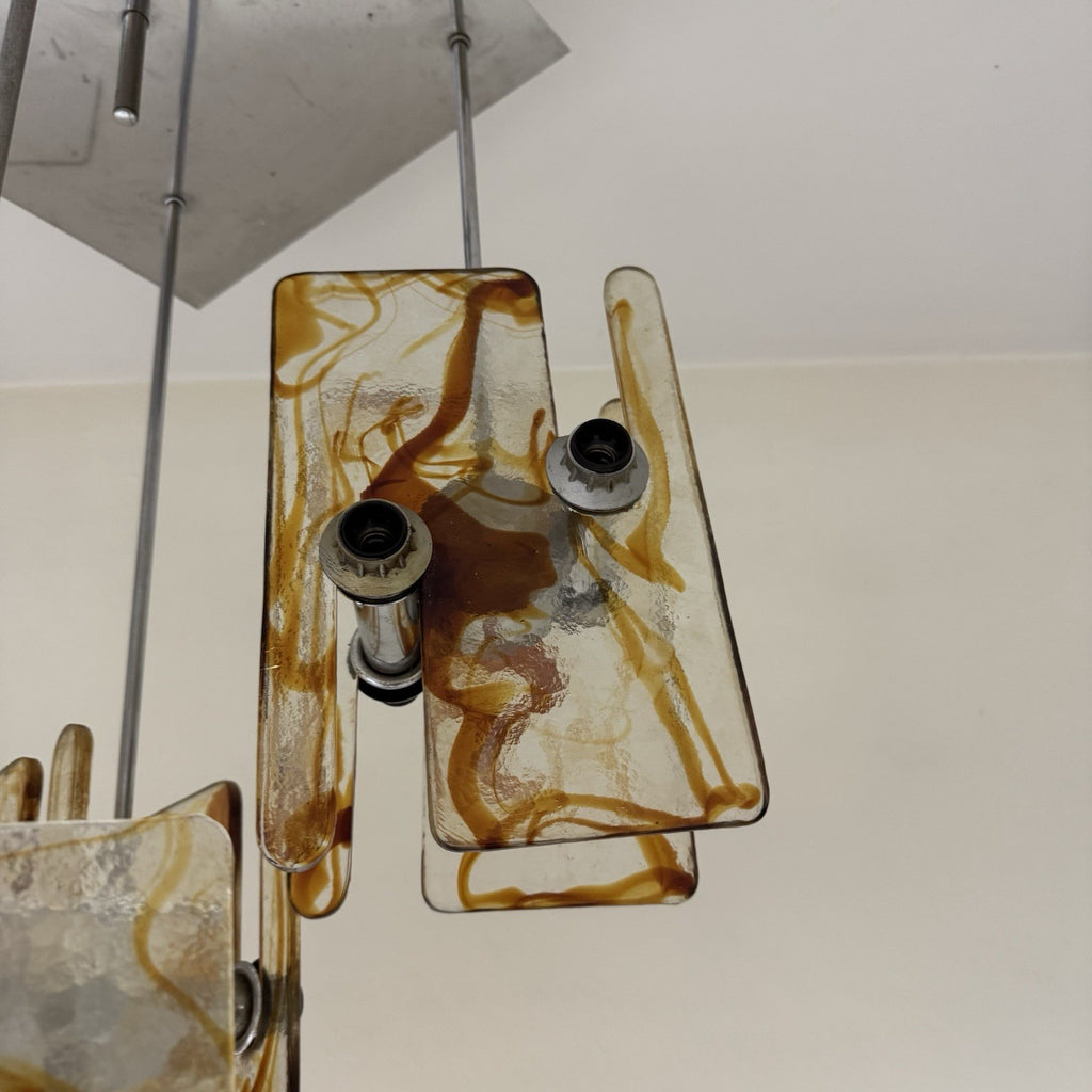Lampadario Modernista a 16 Luci in Vetro di Murano e Acciaio anni '70