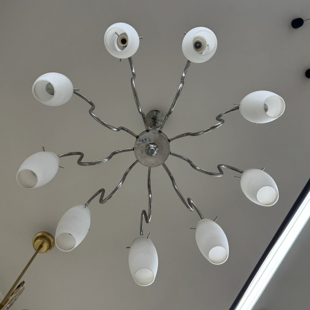 Lampadario Modernista Scenografico a 9 Luci in Vetro e Acciaio anni '70
