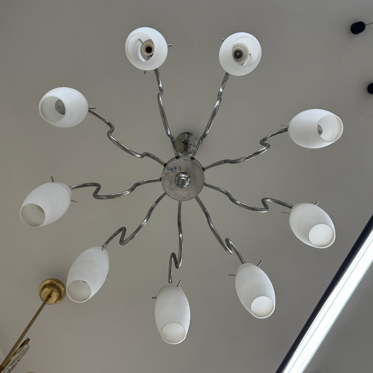 Lampadario Modernista Scenografico a 9 Luci in Vetro e Acciaio anni '70