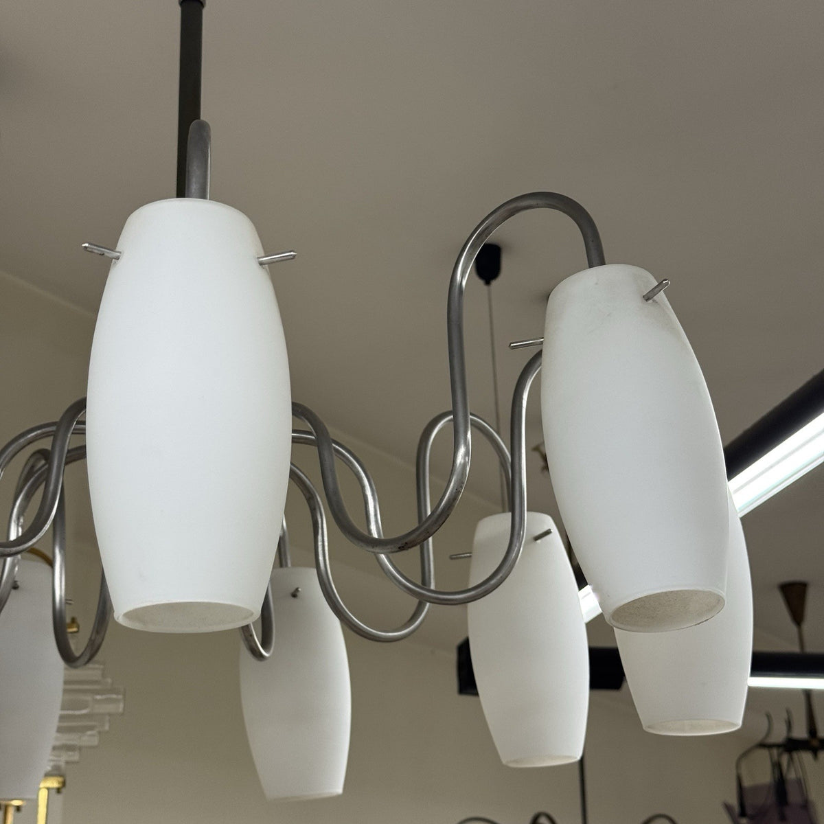 Lampadario Modernista Scenografico a 9 Luci in Vetro e Acciaio anni '70