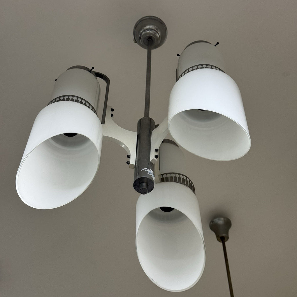 Lampadario Modernista a 3 Luci in Vetro Incamiciato e Acciaio anni '60/'70