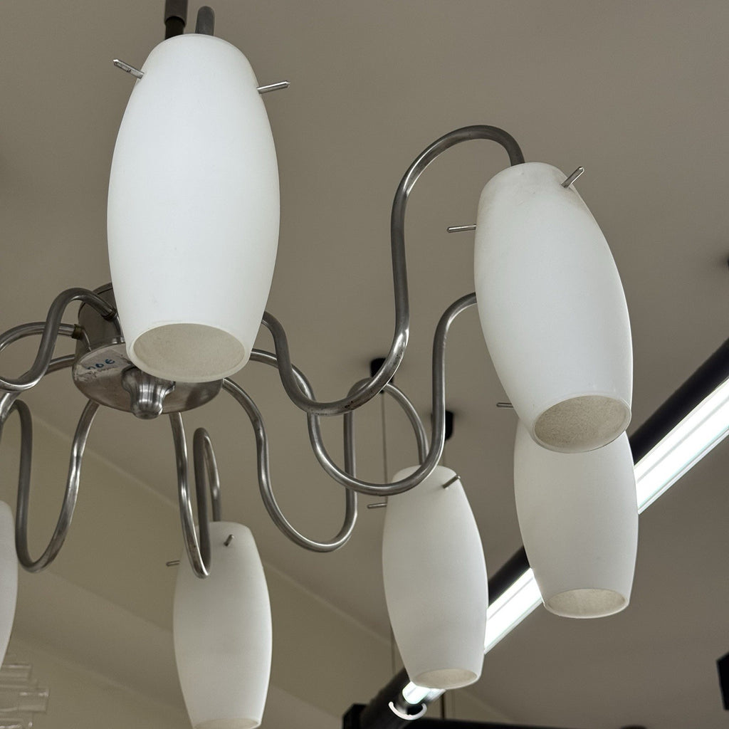 Lampadario Modernista Scenografico a 9 Luci in Vetro e Acciaio anni '70