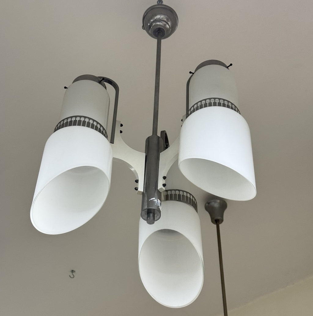 Lampadario Modernista a 3 Luci in Vetro Incamiciato e Acciaio anni '60/'70