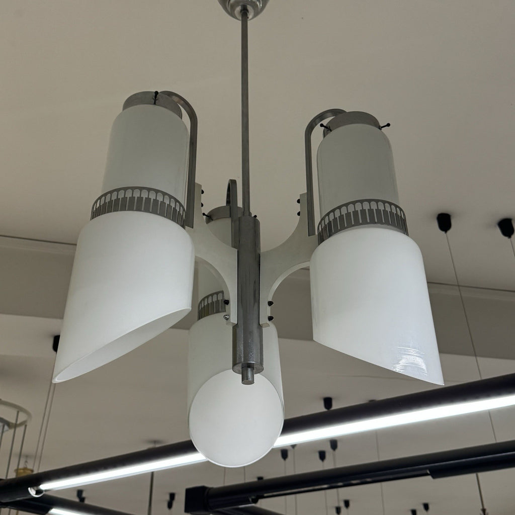 Lampadario Modernista a 3 Luci in Vetro Incamiciato e Acciaio anni '60/'70