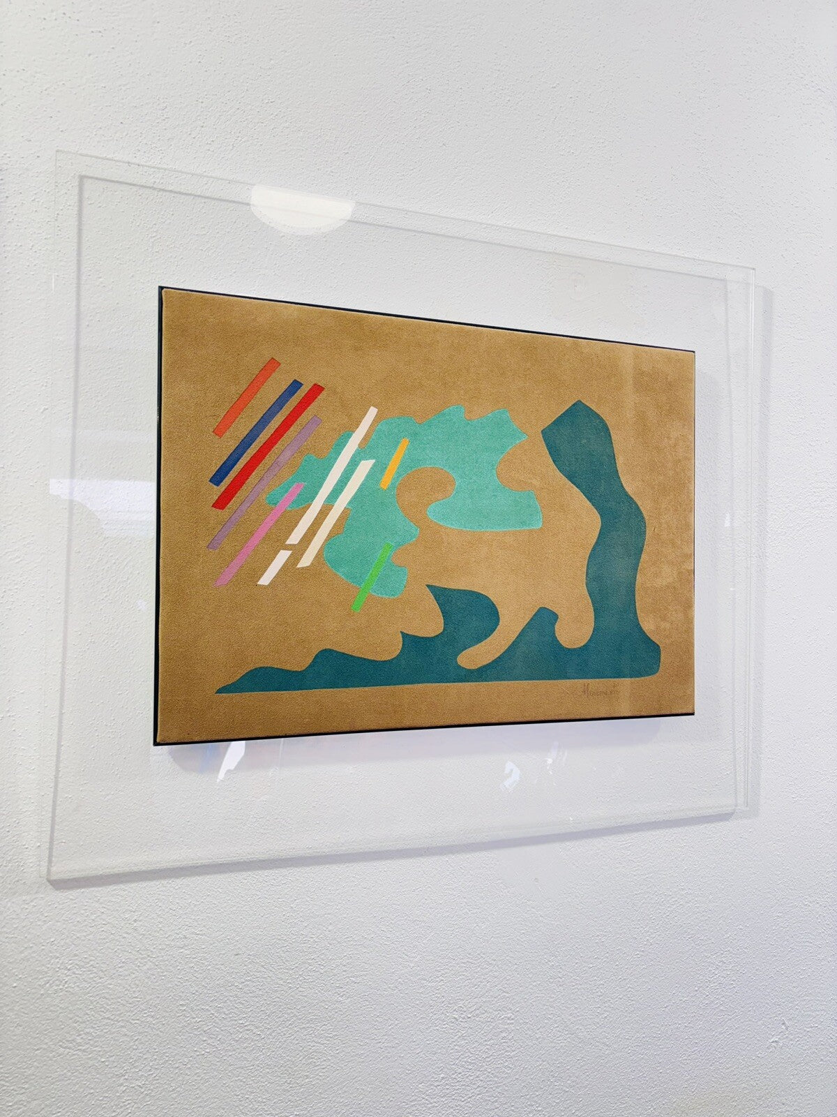Quadro Materico Vintage in Tessuto Scamosciato con Cornice in Plexiglass anni '70/'80
