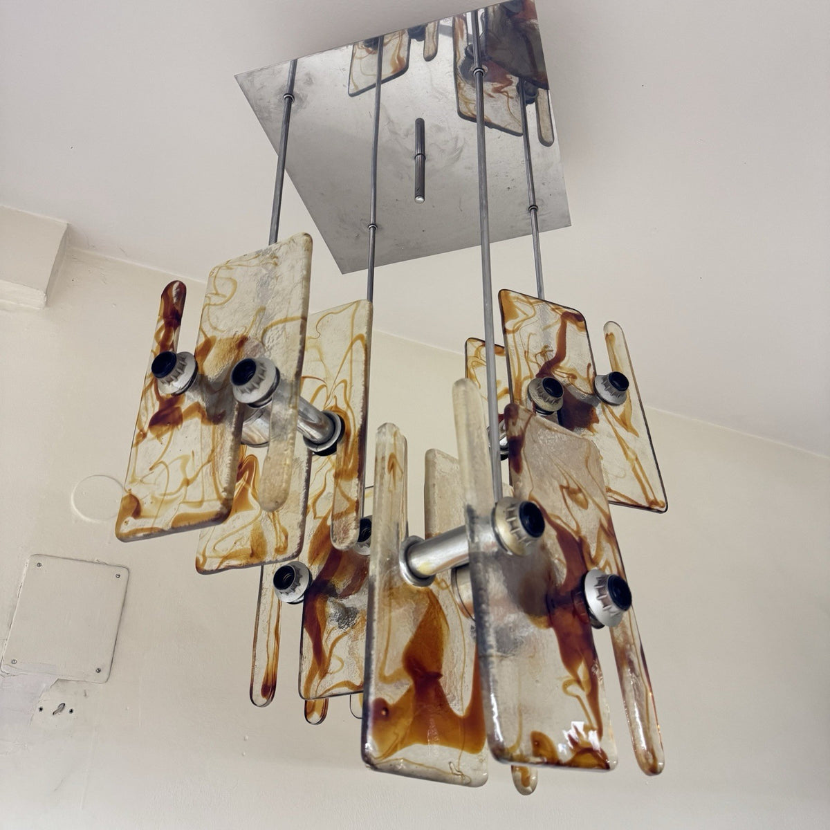 Lampadario Modernista a 16 Luci in Vetro di Murano e Acciaio anni '70