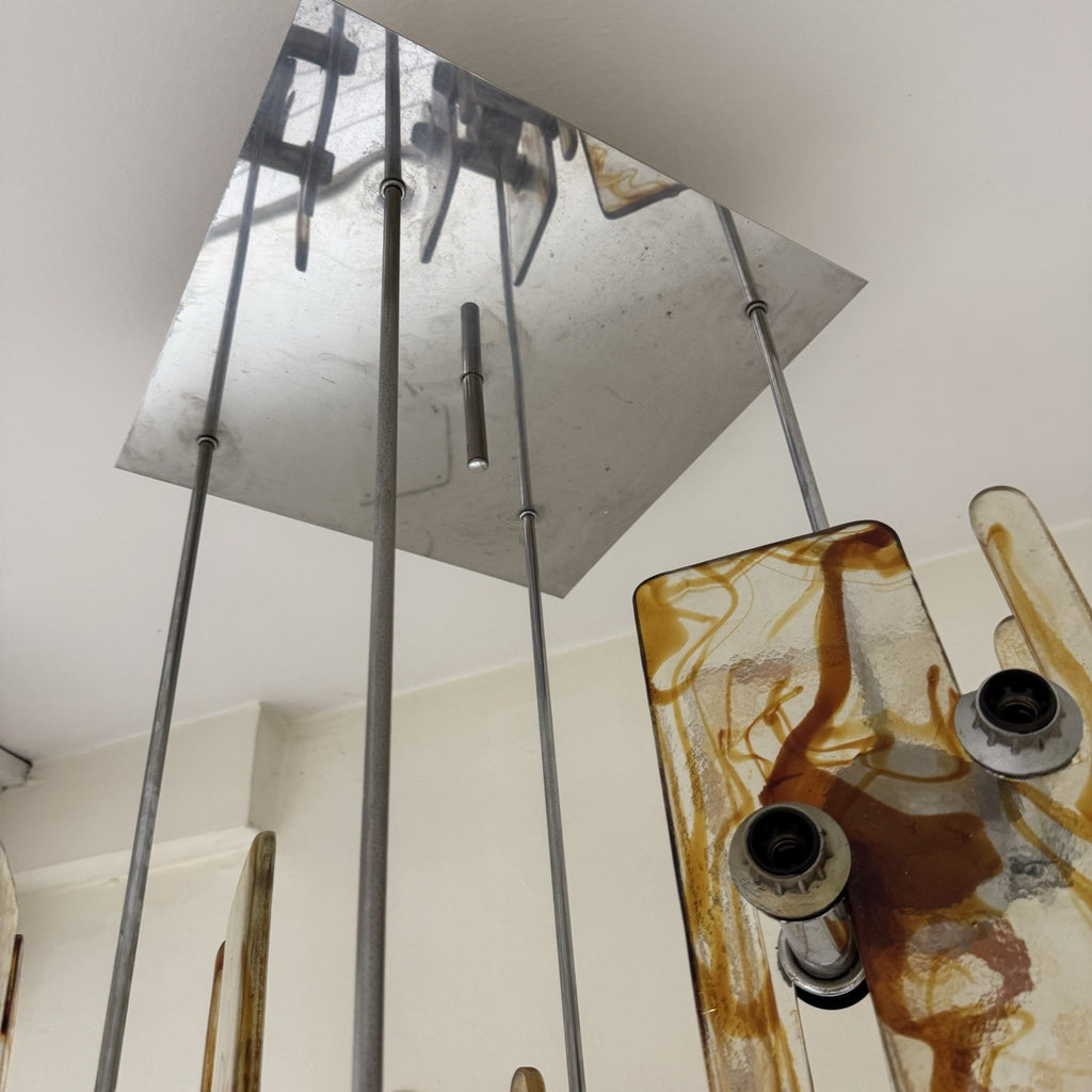 Lampadario Modernista a 16 Luci in Vetro di Murano e Acciaio anni '70