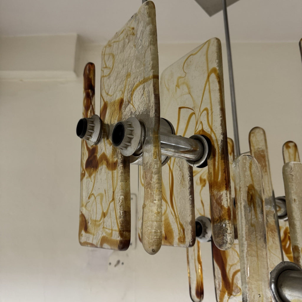 Lampadario Modernista a 16 Luci in Vetro di Murano e Acciaio anni '70