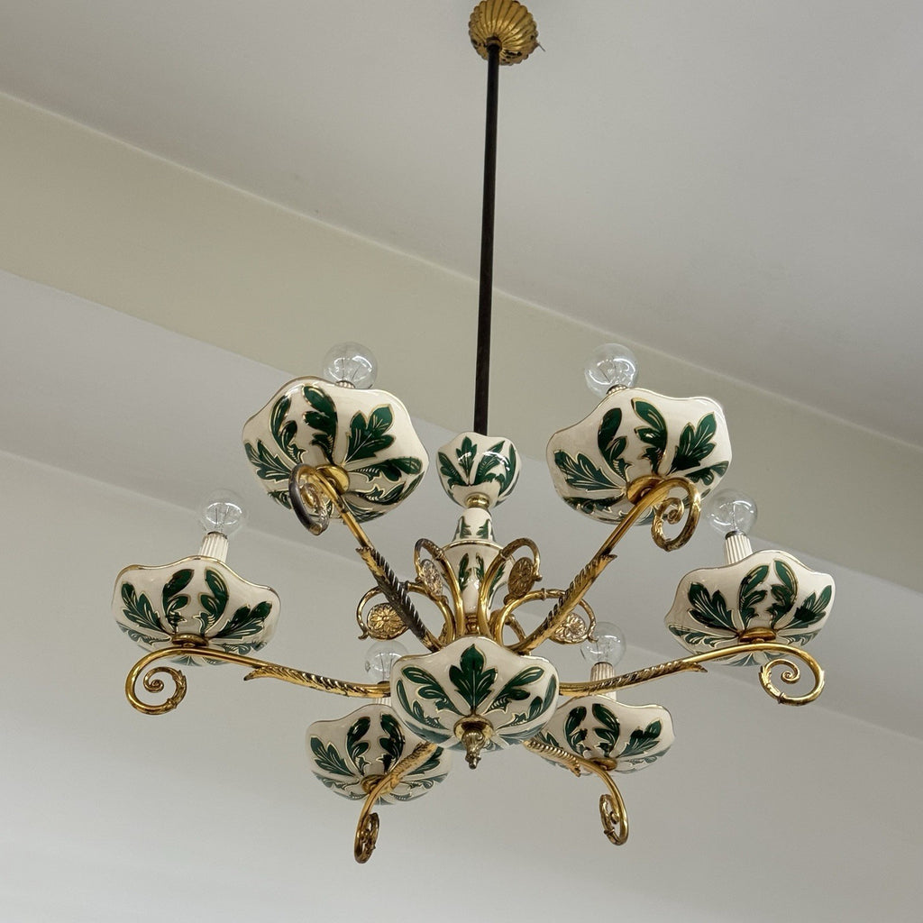 Lampadario Vintage a 6 Luci in Ceramica di Bassano e Ottone Dorato anni '60/'70