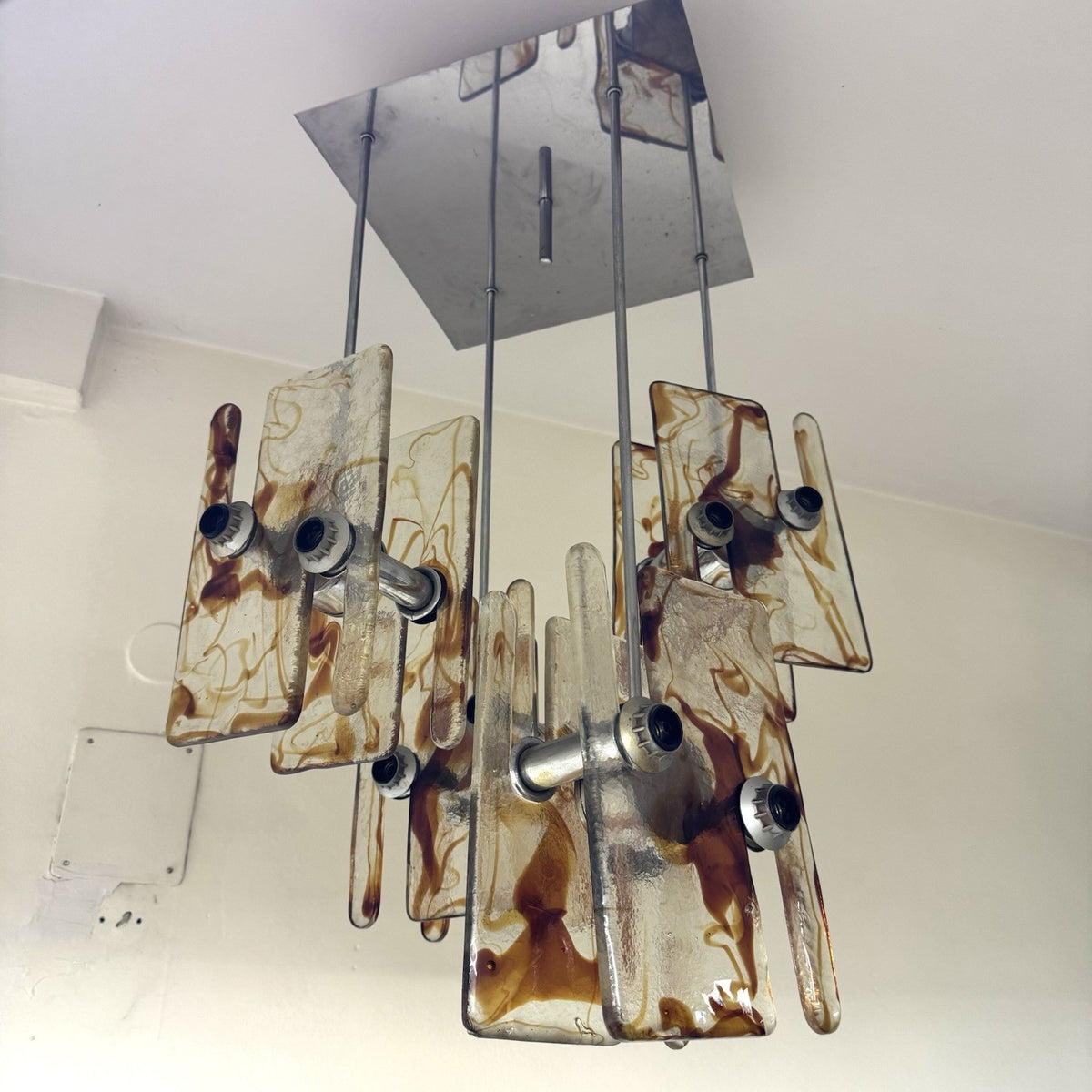 Lampadario Modernista a 16 Luci in Vetro di Murano e Acciaio anni '70